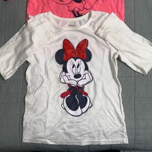 2 Minnie Mouse Shirts 1; pink with hoodie 2; white. Both are long sleeves.